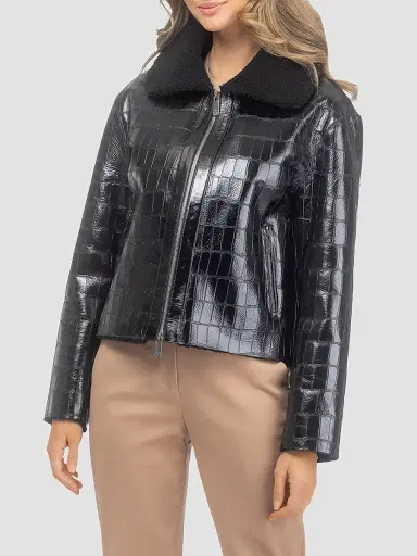 Gorski Women's Shearling Lamb Croco Embossed Zip Jacket - Black - Size Large | Thumbnail 3 Gorski Women's Shearling Lamb Croco Embossed Zip Jacket - Black - Size Large | Thumbnail 3