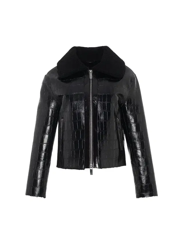 Gorski Women's Shearling Lamb Croco Embossed Zip Jacket - Black