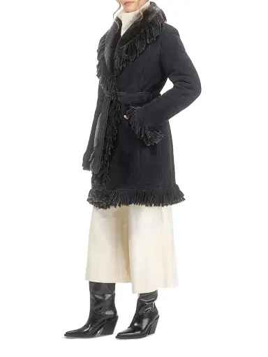 Gorski Women's Merino Shearling Lamb Stroller with Fringes - Black Brisa | Thumbnail 2