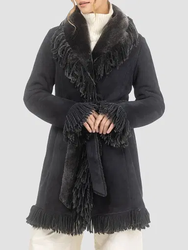 Gorski Women's Merino Shearling Lamb Stroller with Fringes - Black Brisa | Thumbnail 3