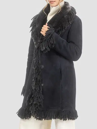 Gorski Women's Merino Shearling Lamb Stroller with Fringes - Black Brisa | Thumbnail 4
