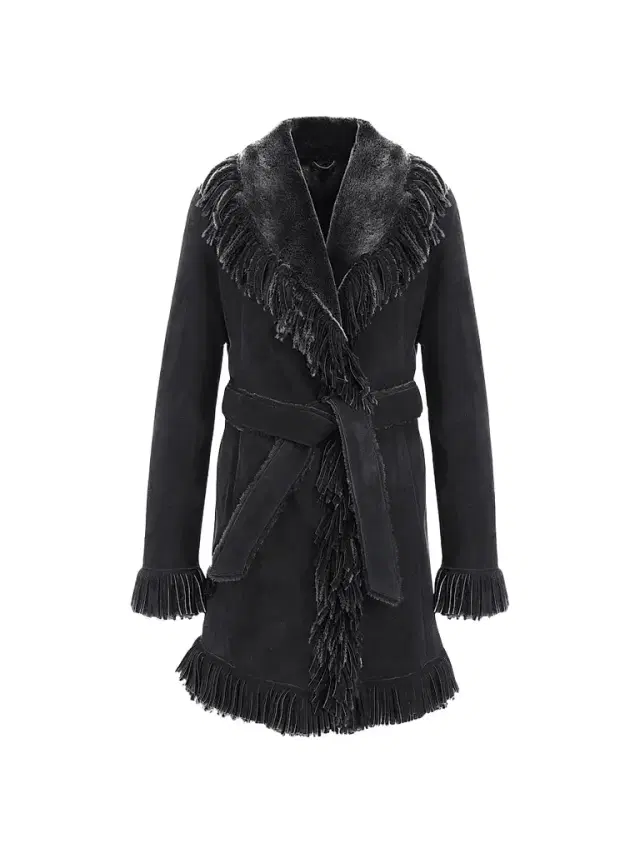 Gorski Women's Merino Shearling Lamb Stroller with Fringes - Black Brisa