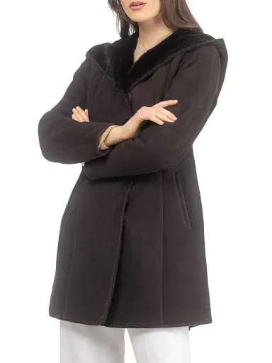 Gorski Women's Merino Shearling Lamb Parka with Embroidered Trim - Dark Brown - Size XL | Thumbnail 3