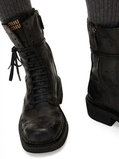 Miu Miu Women's Leather Laced Booties - Black - Size 7 | Thumbnail 4