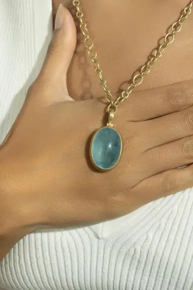 LEIGH MAXWELL Aqua Cabochon Large Oval Pendant | Thumbnail 2