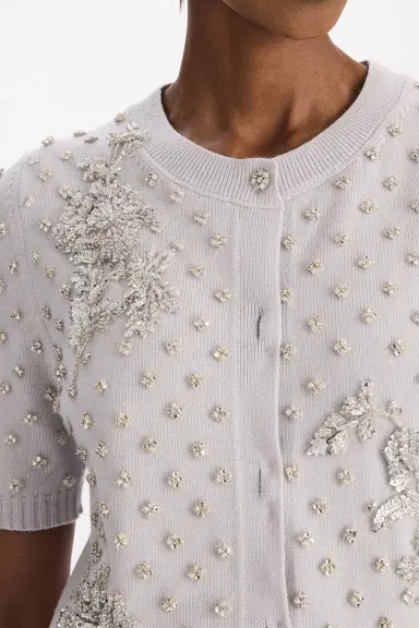 Oscar de la Renta Crystal Floral Elbow Sleeve Cardigan | Thumbnail 3