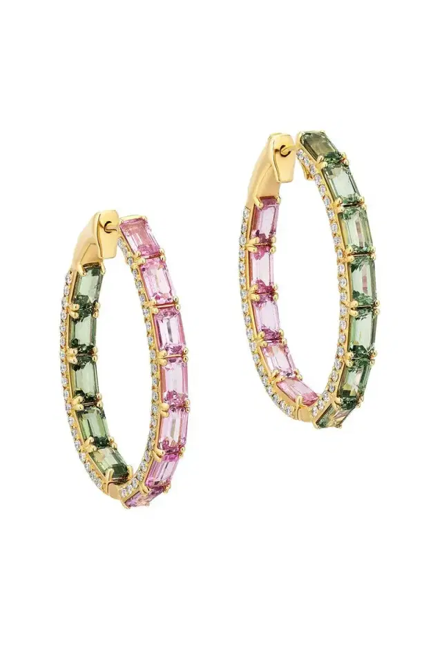 GOSHWARA Green Sapphire Pink Sapphire Oval Hoop Earrings