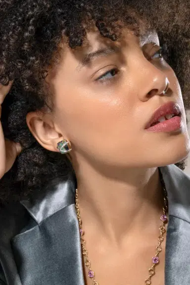 EDINA KISS Iolite Sapphire Side Eye Button Earrings | Thumbnail 2 EDINA KISS Iolite Sapphire Side Eye Button Earrings | Thumbnail 2