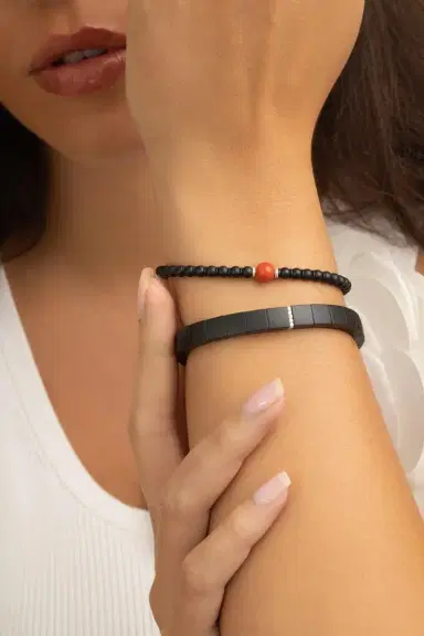 ROBERTO DEMEGLIO One Diamond Square Matte Black Scacco Stretch Bracelet | Thumbnail 2