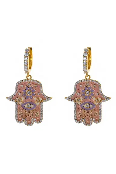 BUDDHA MAMA Pink Enamel Hamsa Huggies | Thumbnail 1 BUDDHA MAMA Pink Enamel Hamsa Huggies | Thumbnail 1