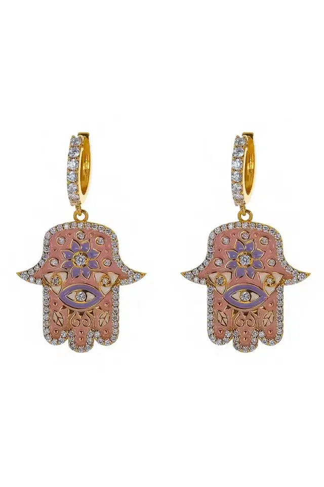BUDDHA MAMA Pink Enamel Hamsa Huggies