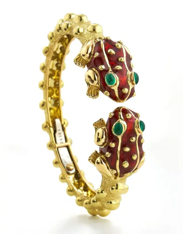 DAVID WEBB Red Enamel and Emerald Baby Frog Bangle