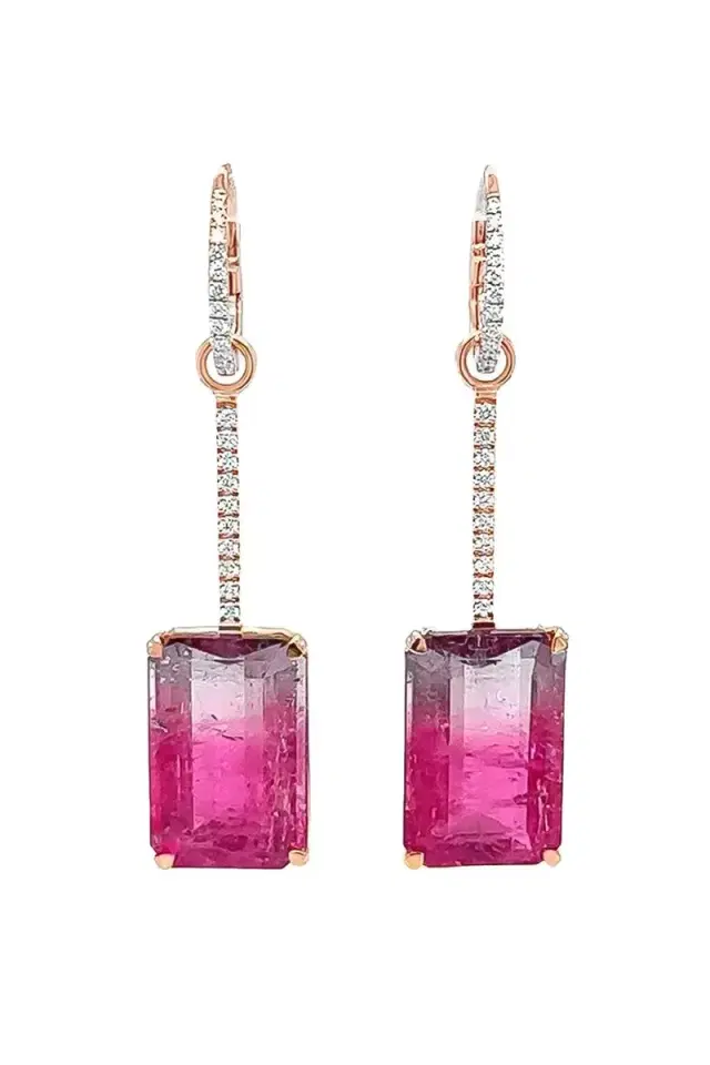 LISA NIK Watermelon Tourmaline Diamond Drop Earrings