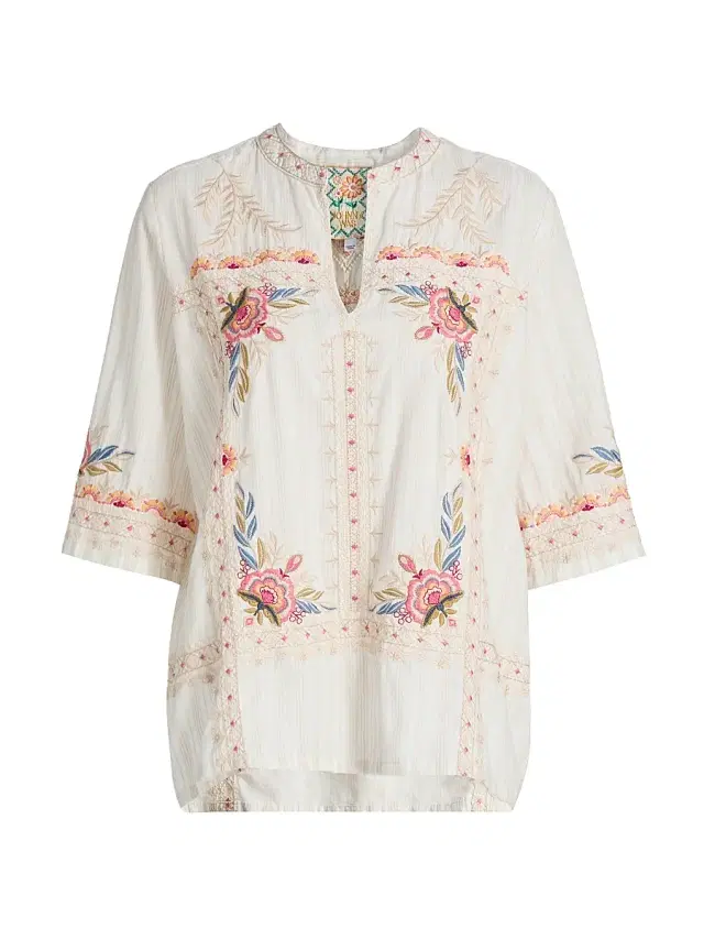 Johnny Was Women's Easy Embroidered V-Neck Top - Nora Stripe