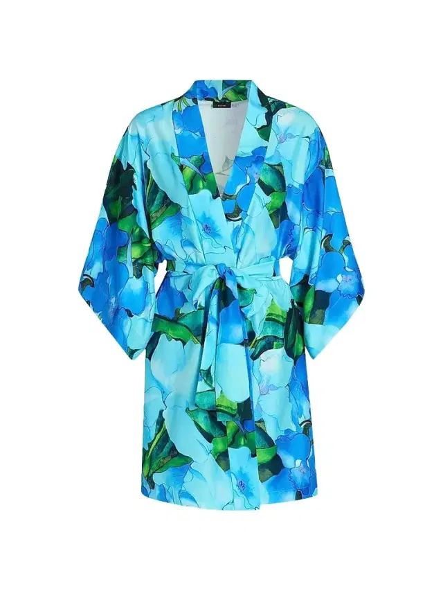 Natori Women's Isla Floral Charmeuse Wrap - Blue