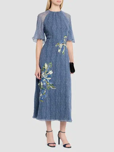 Teri Jon by Rickie Freeman Women's Sequined Floral Silk Chiffon Midi Dress | Thumbnail 4