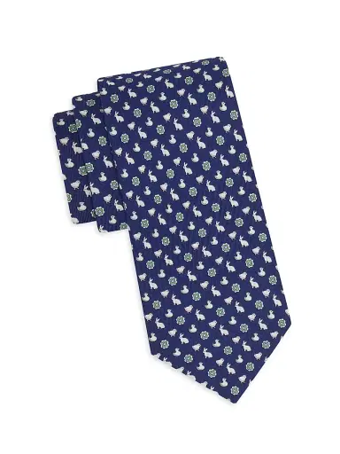 Ferragamo Men's Bunny and Chick Charm-Print Silk Tie | Thumbnail 1