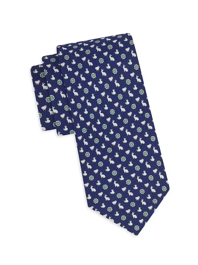 FERRAGAMO Men's Bunny and Chick Charm-Print Silk Tie - Blue Verde