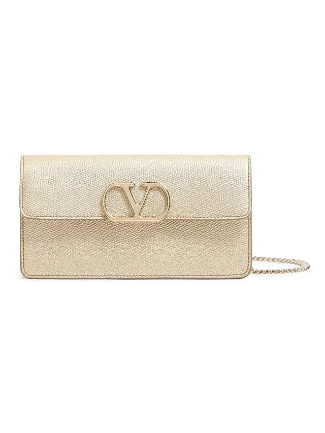 Valentino Garavani Women's VLogo Signature Laminated Grainy Calfskin Wallet with Chain - Platinum