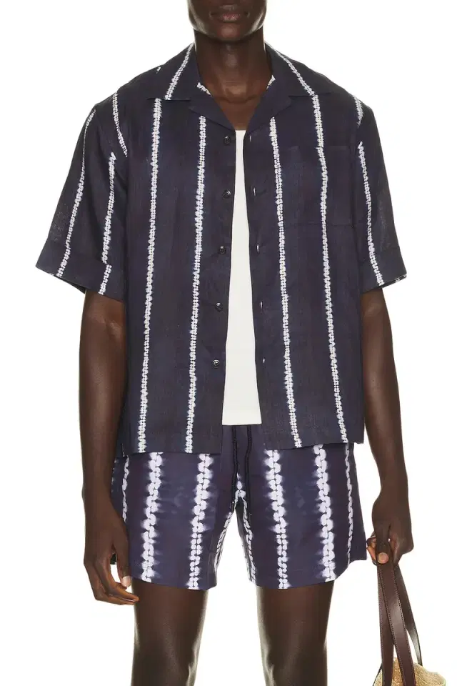Commas Shibori Stripe Cuffed Camp Collar Shirt