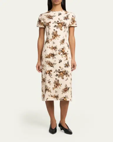 Jil Sander Short-Sleeve Bouquet Viscose Midi Dress | Thumbnail 2 Jil Sander Short-Sleeve Bouquet Viscose Midi Dress | Thumbnail 2