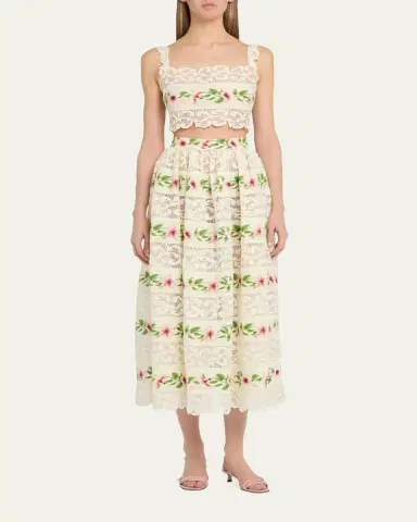 Oscar de la Renta Chine Hibiscus Striped Lace-Inset Midi Skirt | Thumbnail 2 Oscar de la Renta Chine Hibiscus Striped Lace-Inset Midi Skirt | Thumbnail 2