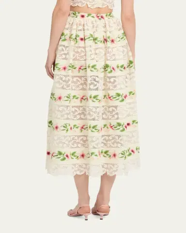 Oscar de la Renta Chine Hibiscus Striped Lace-Inset Midi Skirt | Thumbnail 3 Oscar de la Renta Chine Hibiscus Striped Lace-Inset Midi Skirt | Thumbnail 3