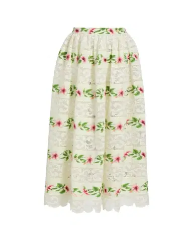 Oscar de la Renta Chine Hibiscus Striped Lace-Inset Midi Skirt | Thumbnail 1 Oscar de la Renta Chine Hibiscus Striped Lace-Inset Midi Skirt | Thumbnail 1