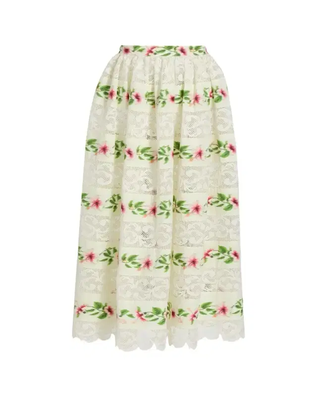 Oscar de la Renta Chine Hibiscus Striped Lace-Inset Midi Skirt