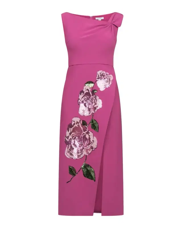Kay Unger New York Maeta Asymmetric Sequin Foral Midi Dress