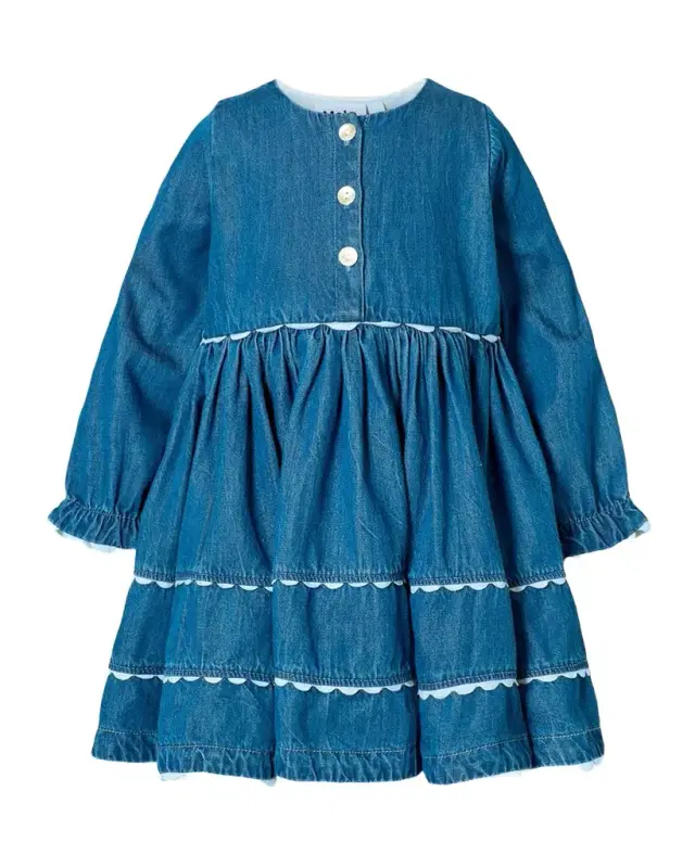 Girl's Charlotte Long-Sleeve Embroidered Denim Dress, Size 12M-2