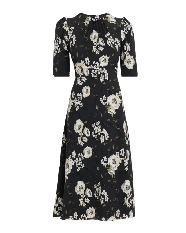 Rickie Freeman for Teri Jon Pearly-Trim Floral Midi Dress