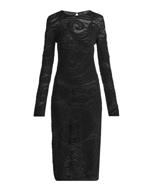 Etro Sheer Paisley Knit Long-Sleeve Midi Dress