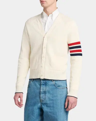 Thom Browne Men's Cotton and Linen 4-Bar Sleeve Cardigan | Thumbnail 6 Thom Browne Men's Cotton and Linen 4-Bar Sleeve Cardigan | Thumbnail 6