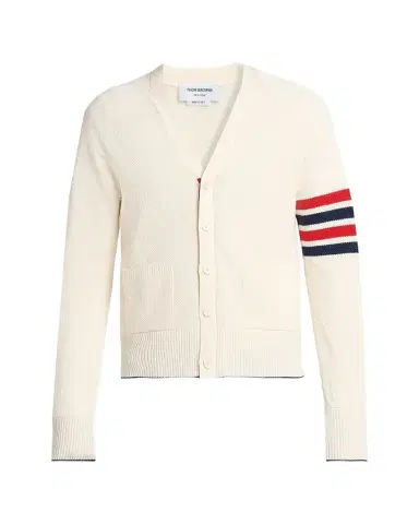 Thom Browne Men's Cotton and Linen 4-Bar Sleeve Cardigan | Thumbnail 1 Thom Browne Men's Cotton and Linen 4-Bar Sleeve Cardigan | Thumbnail 1