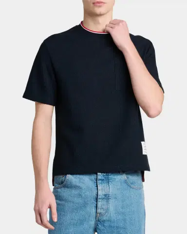 Thom Browne Men's RWB Tipped Crewneck Cotton-Linen T-Shirt | Thumbnail 4 Thom Browne Men's RWB Tipped Crewneck Cotton-Linen T-Shirt | Thumbnail 4