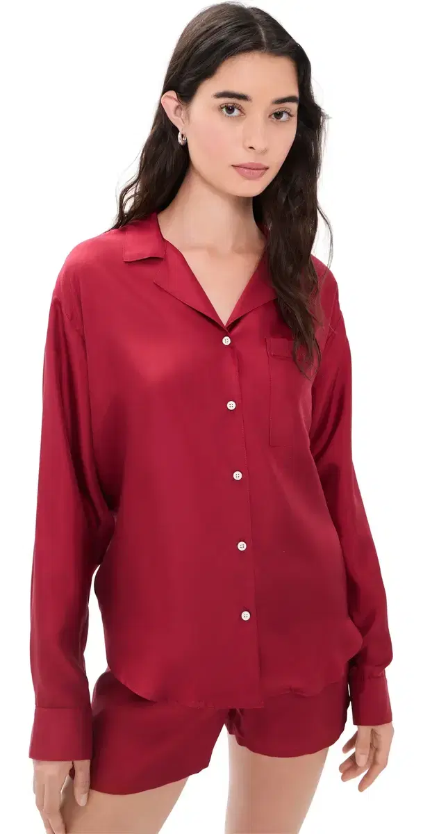 Comme Si Notched Collar Long leeve hirt Deep Red