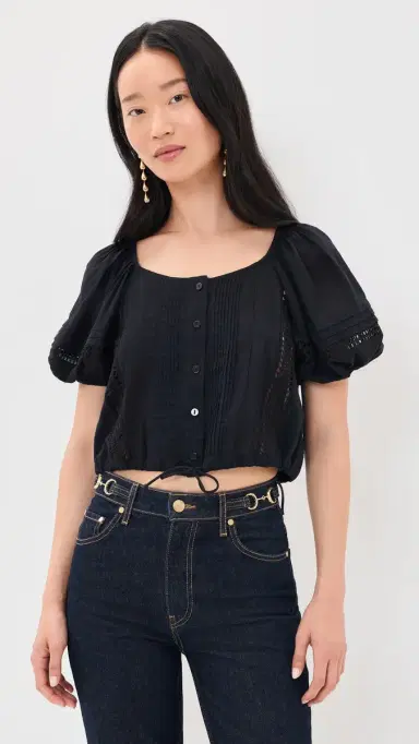 Ulla Johnson Clara Short Sleeve Cotton Top Noir | Thumbnail 2