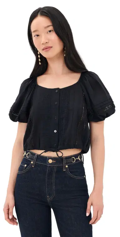 Ulla Johnson Clara Short Sleeve Cotton Top Noir | Thumbnail 1