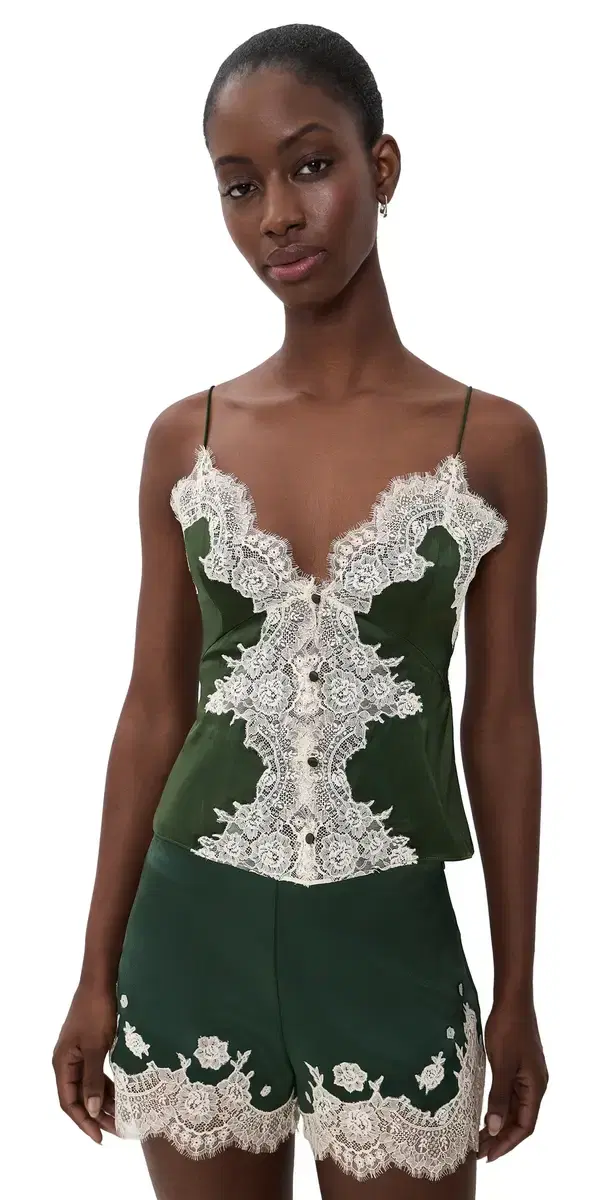 Alice + Olivia Julietta Cutaway Lace Slip Top Dark Fern
