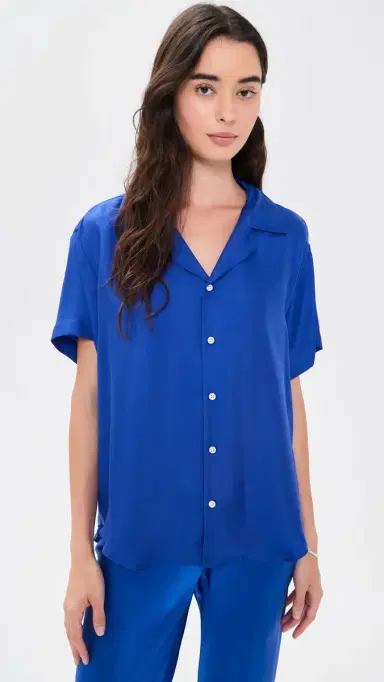Comme Si Notched Collar Short Sleeve Shirt Blue L | Thumbnail 2