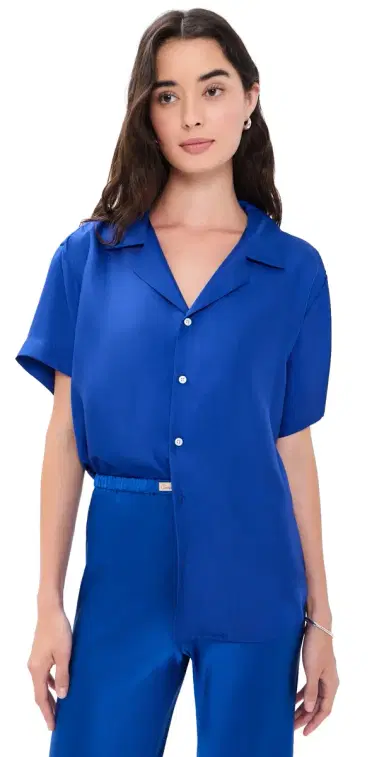 Comme Si Notched Collar Short Sleeve Shirt Blue L | Thumbnail 1