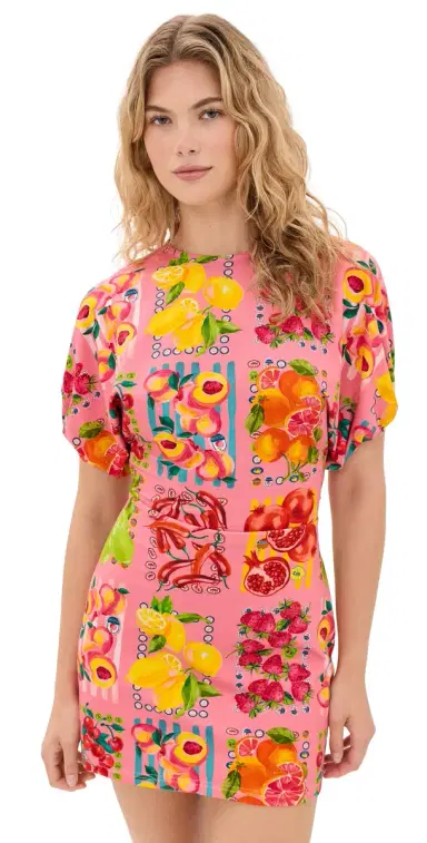 Never Fully Dressed Pink Fruit Stamps Mini Dress | Thumbnail 1 Never Fully Dressed Pink Fruit Stamps Mini Dress | Thumbnail 1