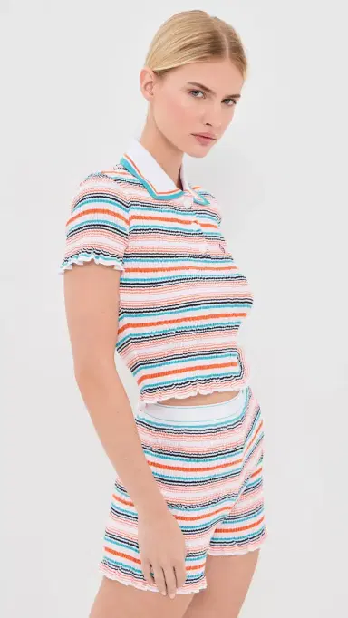 Casablanca Stripe Shirred Polo Top Stripe | Thumbnail 4 Casablanca Stripe Shirred Polo Top Stripe | Thumbnail 4