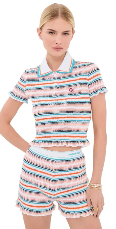 Casablanca Stripe Shirred Polo Top Stripe | Thumbnail 1 Casablanca Stripe Shirred Polo Top Stripe | Thumbnail 1