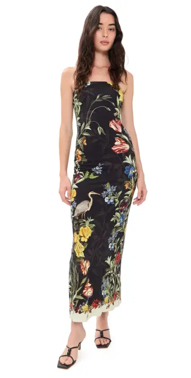 ALICE + OLIVIA Delora Strapless Midi Dress Desert Springs Black | Thumbnail 1