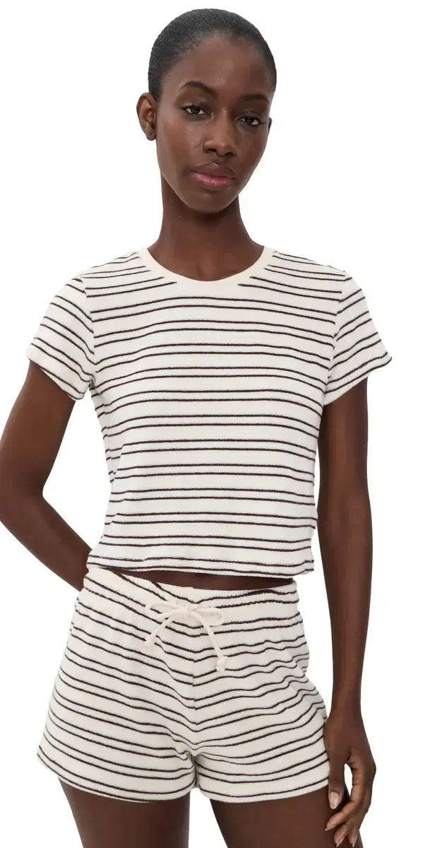 perfectwhitetee Eve Loop Terry tripe Short Sleeve Shirt Natural/Chocolate tripe