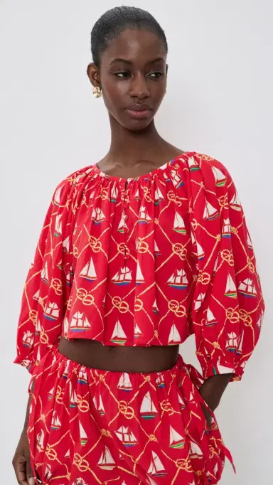 Coniglio Palm Beach Cropped Shirred Half Placket Blouse SAILING KNOTS CAPTAIN RED One Size | Thumbnail 2 Coniglio Palm Beach Cropped Shirred Half Placket Blouse SAILING KNOTS CAPTAIN RED One Size | Thumbnail 2