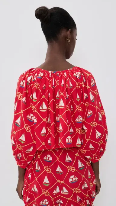 Coniglio Palm Beach Cropped Shirred Half Placket Blouse SAILING KNOTS CAPTAIN RED One Size | Thumbnail 3 Coniglio Palm Beach Cropped Shirred Half Placket Blouse SAILING KNOTS CAPTAIN RED One Size | Thumbnail 3