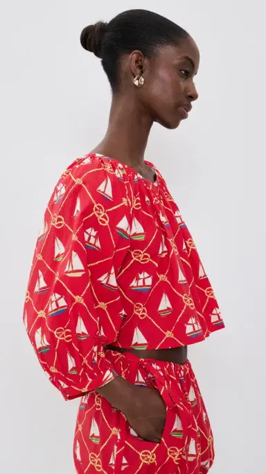 Coniglio Palm Beach Cropped Shirred Half Placket Blouse SAILING KNOTS CAPTAIN RED One Size | Thumbnail 4 Coniglio Palm Beach Cropped Shirred Half Placket Blouse SAILING KNOTS CAPTAIN RED One Size | Thumbnail 4